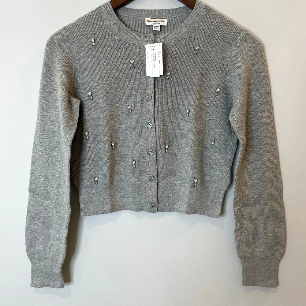 J.Crew Collection Embellished Cardigan Sweater Cotton Holiday CD379 Grey 12 13 - Picture 3 of 15